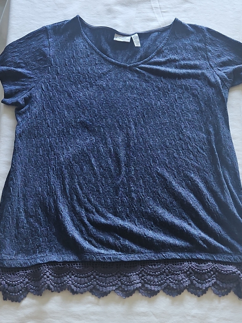 Kim Rogers Navy Short-Sleeve Tee with Lace Scallop Hem